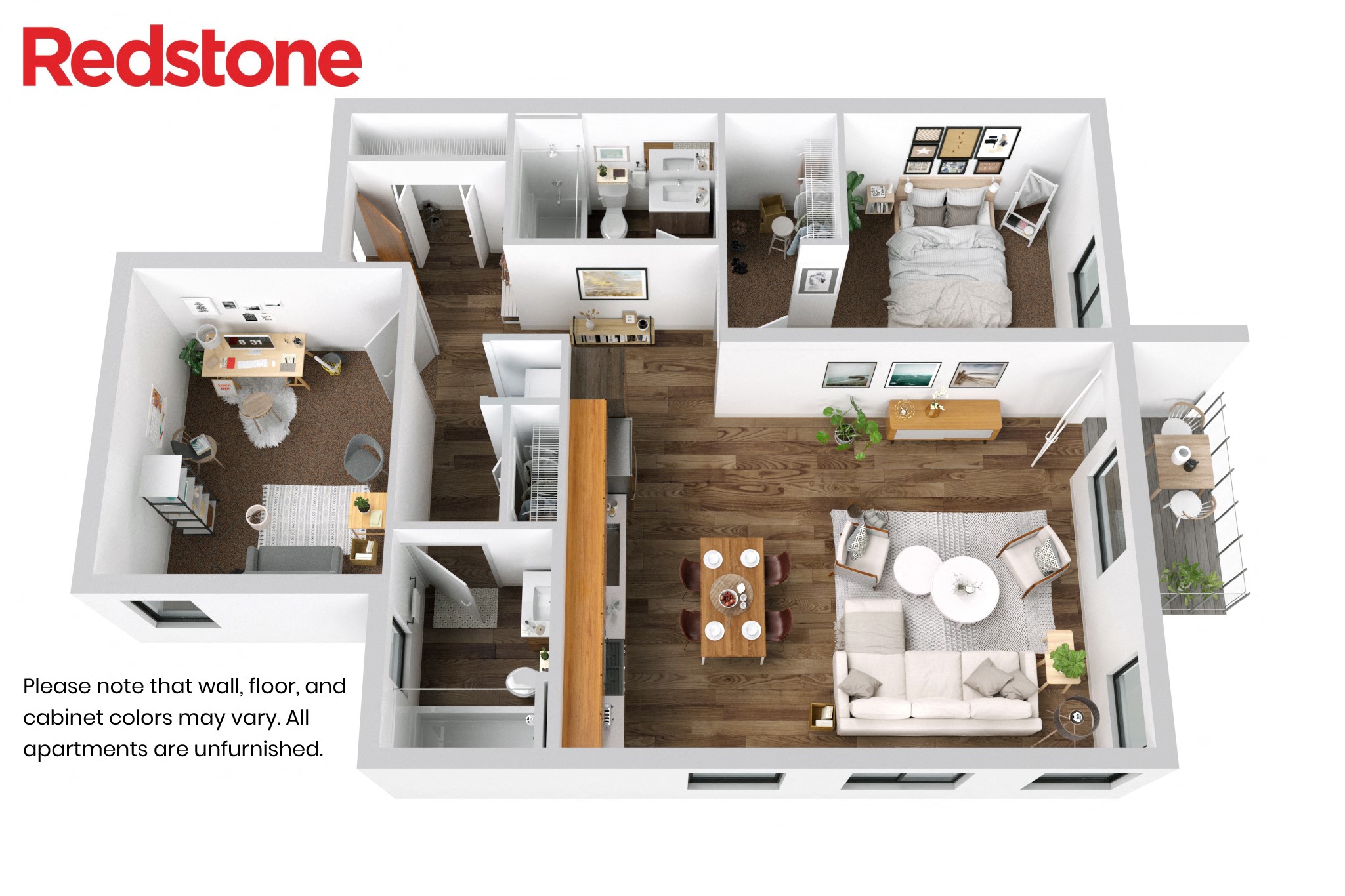 Floor plan for 1 bed, 2 baths